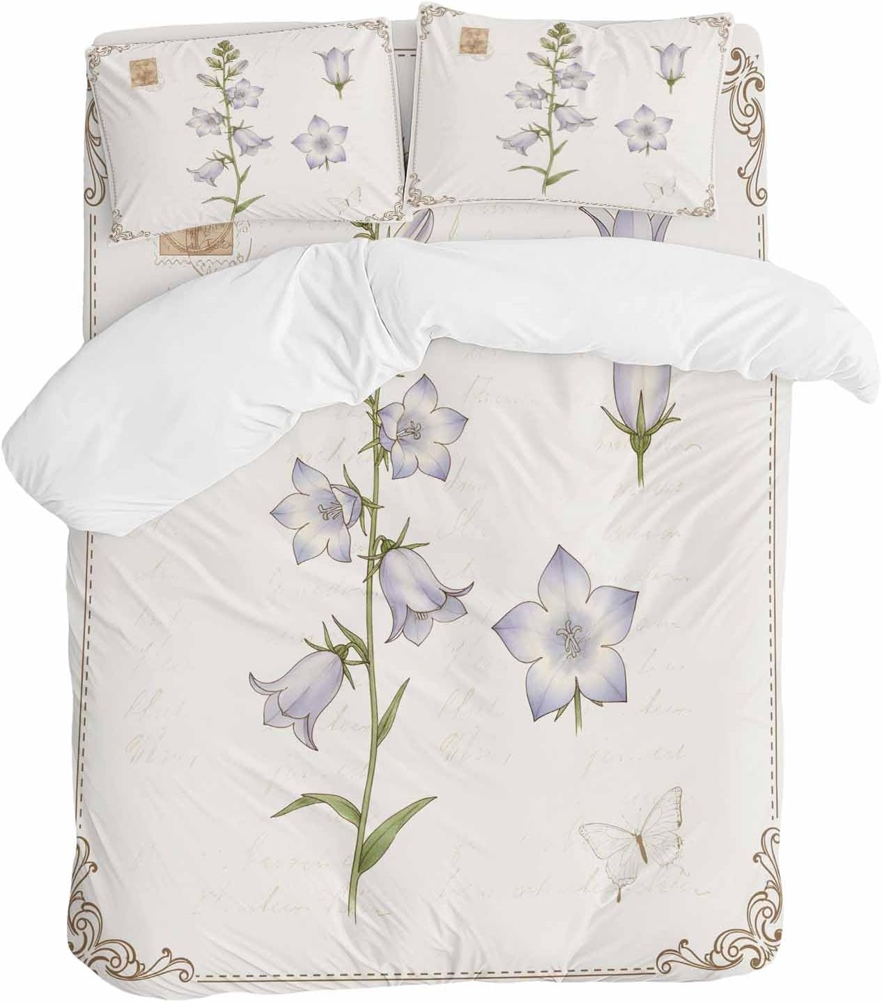 Purple Bellflowers Duvet Cover Set Queen Size 4 Pieces Country Pastoral Watercolor Flowers Green Leaf Bedding Set with Zipper Closure, 1 Comforter Cover 86x86 Inches 1 Flat Sheet & 2 Pillow Cases