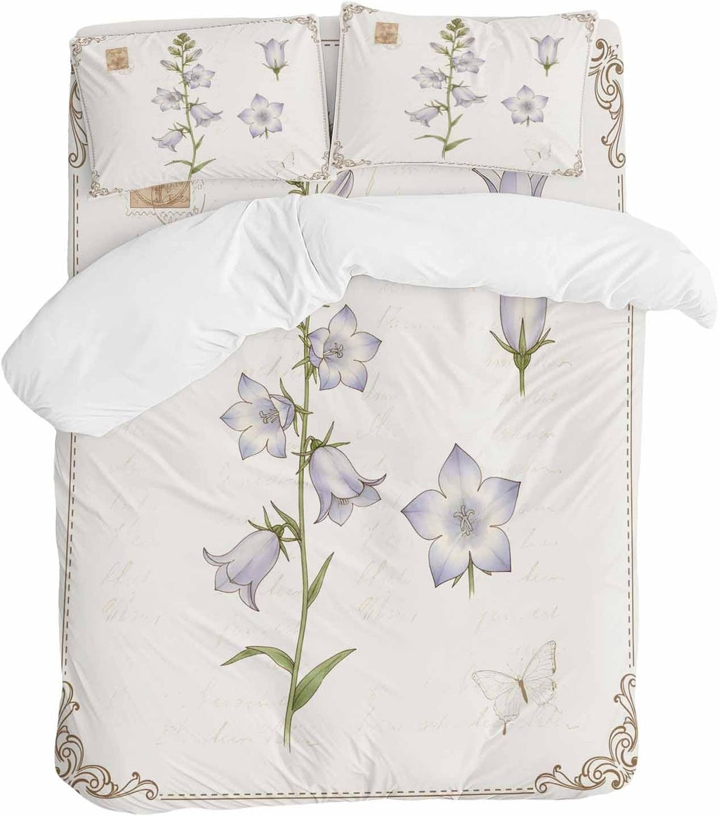 Purple Bellflowers Duvet Cover Set Queen Size 4 Pieces Country Pastoral Watercolor Flowers Green Leaf Bedding Set with Zipper Closure, 1 Comforter Cover 92x106 Inches 1 Flat Sheet & 2 Pillow Cases