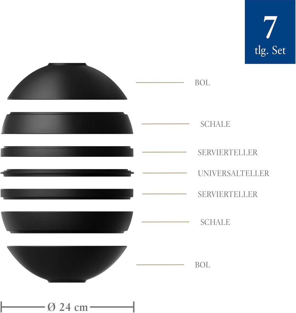 Villeroy & Boch Iconic Collection La Boule, 7-Piece Dinnerware Set for 2, Premium Porcelain, Made in Germany, Dishwasher and Microwave Safe, 9.5 x 9 in, Black