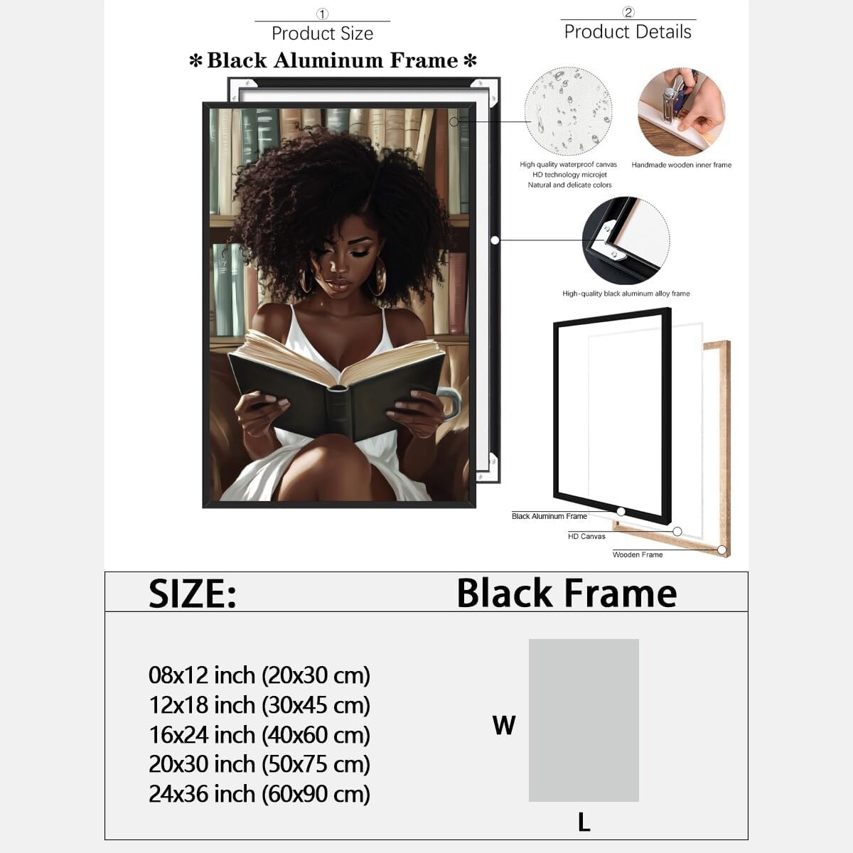 African Black Girl Reading Book Poster, Black Woman Canvas Wall Art Print, Traditional African Symbols Painting, Afrocentric Cultural Wall Decor for Living Room 20x30inch black framed