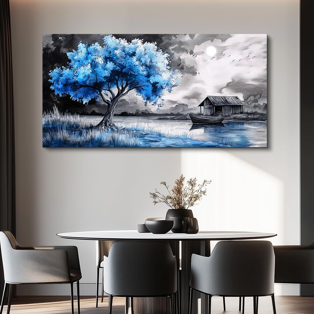 PHAOHUAXM Large Wall Art For Living Room Blue Wall Decor For Bedroom Black White And Blue Trees Wall Pictures Restaurant Office Frame Printing Canvas Large Artwork Modern Home Decoration 30x60 in