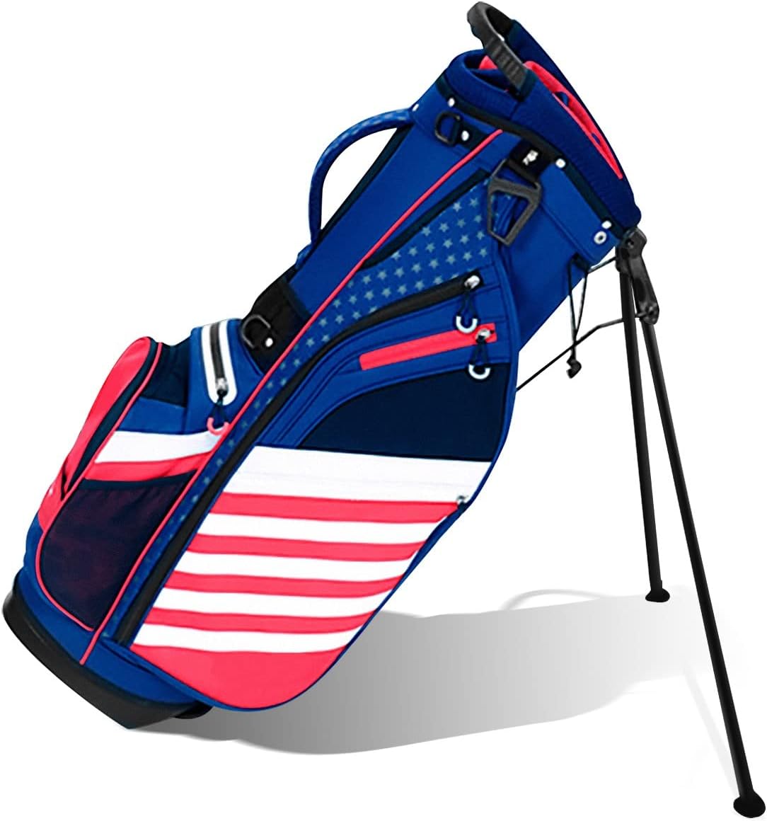 BOBOPRO Golf Stand Bag, Lightweight 14 Way Top Dividers Golf Carry Bag with 8 Pockets, USA Stars & Stripes Golf Bag for Golf Club Golf Cart for Men & Women