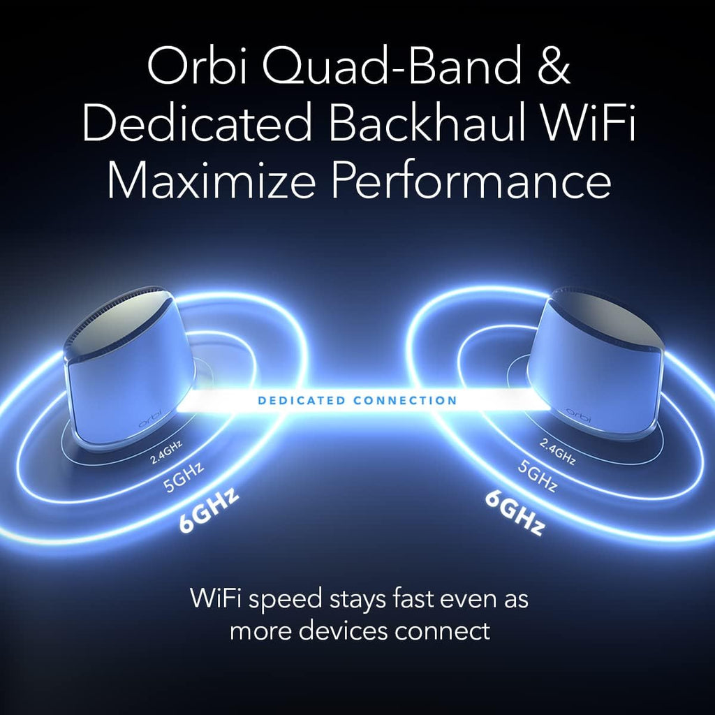 NETGEAR Orbi Quad-Band WiFi 6E Mesh Network System (RBKE963), Router + 2 Satellite Extenders, Security Features, Up to 10.8 Gbps, Coverage up to 9,000 sq. ft., 200 Devices, 10 Gig Internet Port