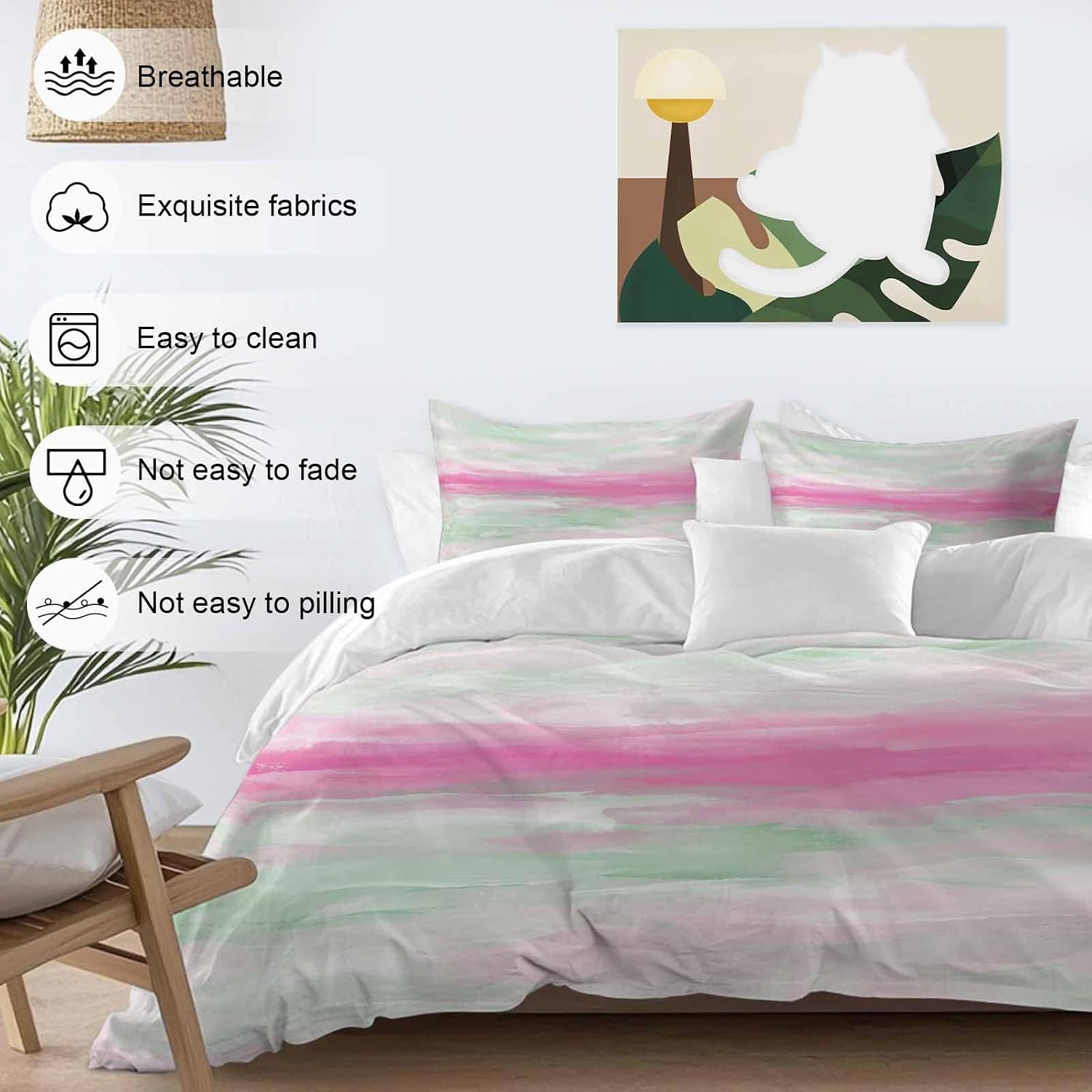 Abstract Sunset Duvet Cover Set Queen Size 4 Pieces Pink Green White Gradient Modern Oil Painting Bedding Set with Zipper Closure, 1 Comforter Cover 90x92 Inches 1 Flat Sheet & 2 Pillow Cases