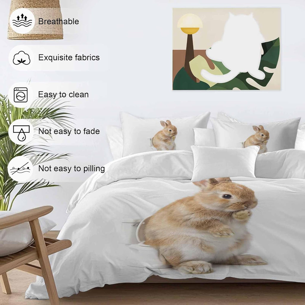 Rabbit Sitting on The Toilet Thinking Duvet Cover Set Queen Size 4 Pieces Abstract Funny Animal Bedding Set with Zipper Closure, 1 Comforter Cover 86x86 Inches 1 Flat Sheet & 2 Pillow Cases