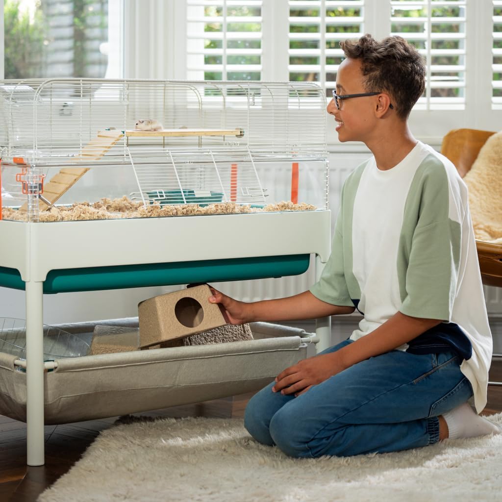 Omlet Hamster Cage with Stand | Large, Safe & Customizable Space | Easy Clean Habitat | Unique Anti Spill Bedding Tray | Includes a Hamster Silent Wheel, Food Bowl, Water Bottle & 2 Hides