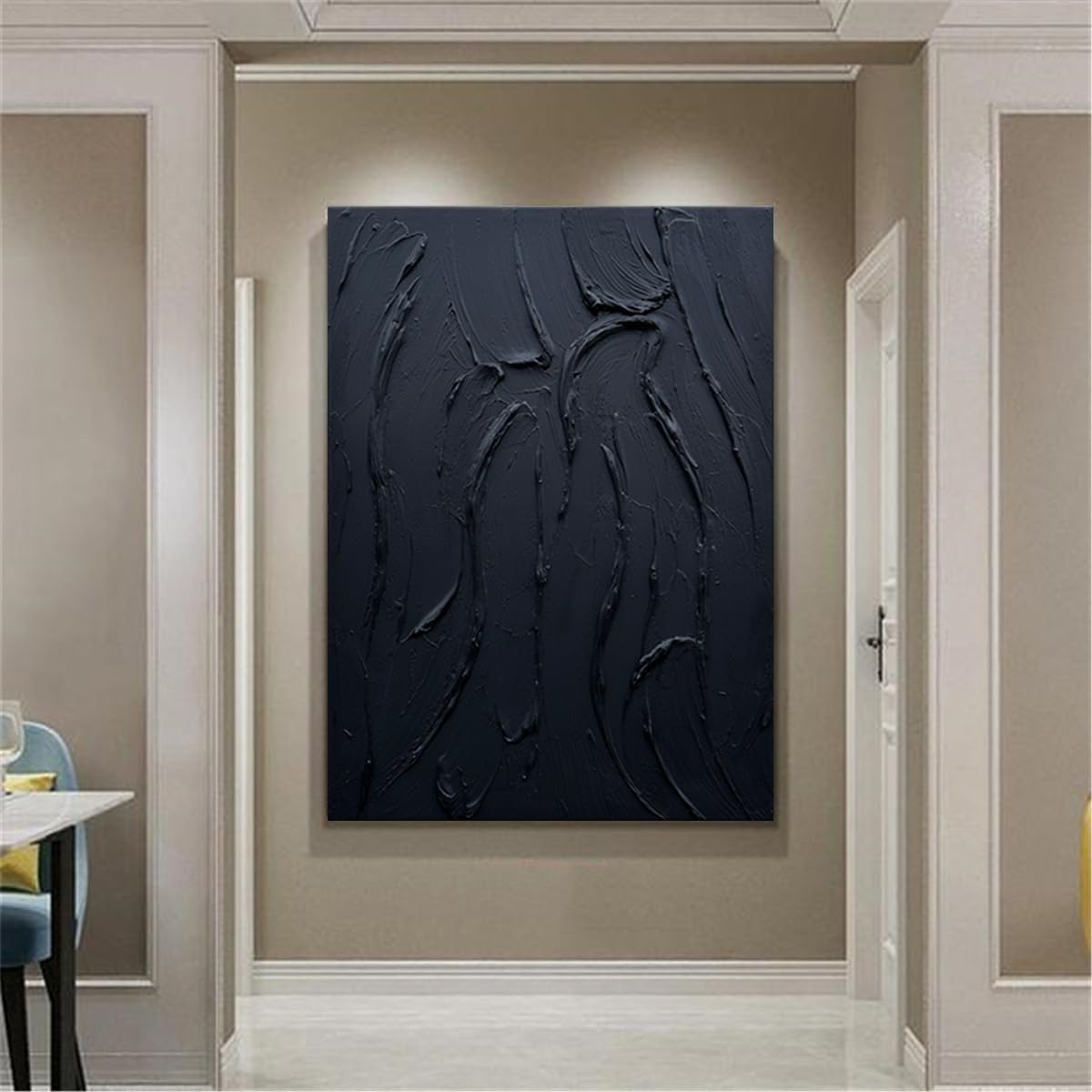 zoinart Hand Painted Large Thick Texture Black Minimalist Oil Paintings Contemporary Art Oil on Canvas Vertical Wall Art Home Office Corridor Wall Art