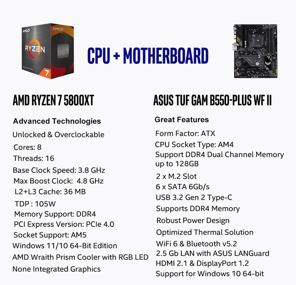 MICRO CENTER AMD Ryzen 7 5800XT Desktop Processor with ASUS TUF Gaming B550-PLUS WiFi II AM4 ATX Gaming Motherboard (DDR4, PCIe 4.0, WiFi 6, 2.5Gb LAN, USB 3.2 Gen 2)