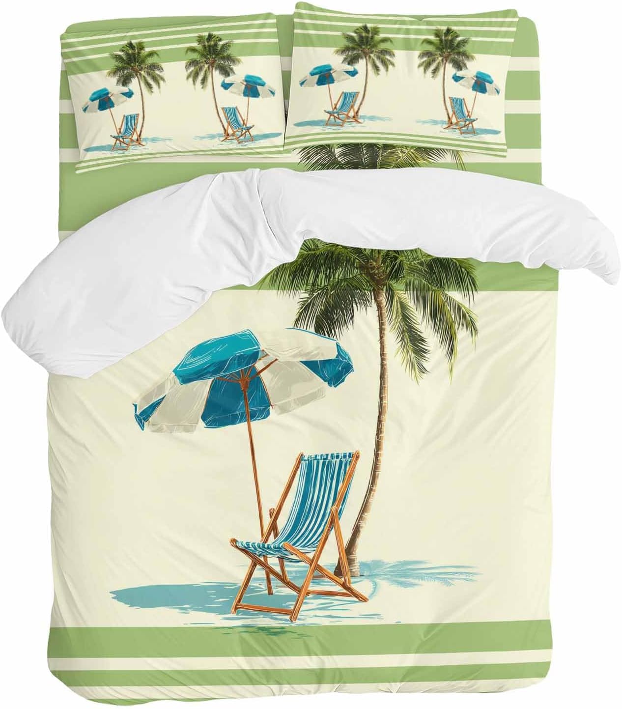 Summer Duvet Cover Set Queen Size 4 Pieces Beach Scene Sun Umbrella Palm Trees Green Yellow Stripe Bedding Set with Zipper Closure, 1 Comforter Cover 92x106 Inches 1 Flat Sheet & 2 Pillow Cases
