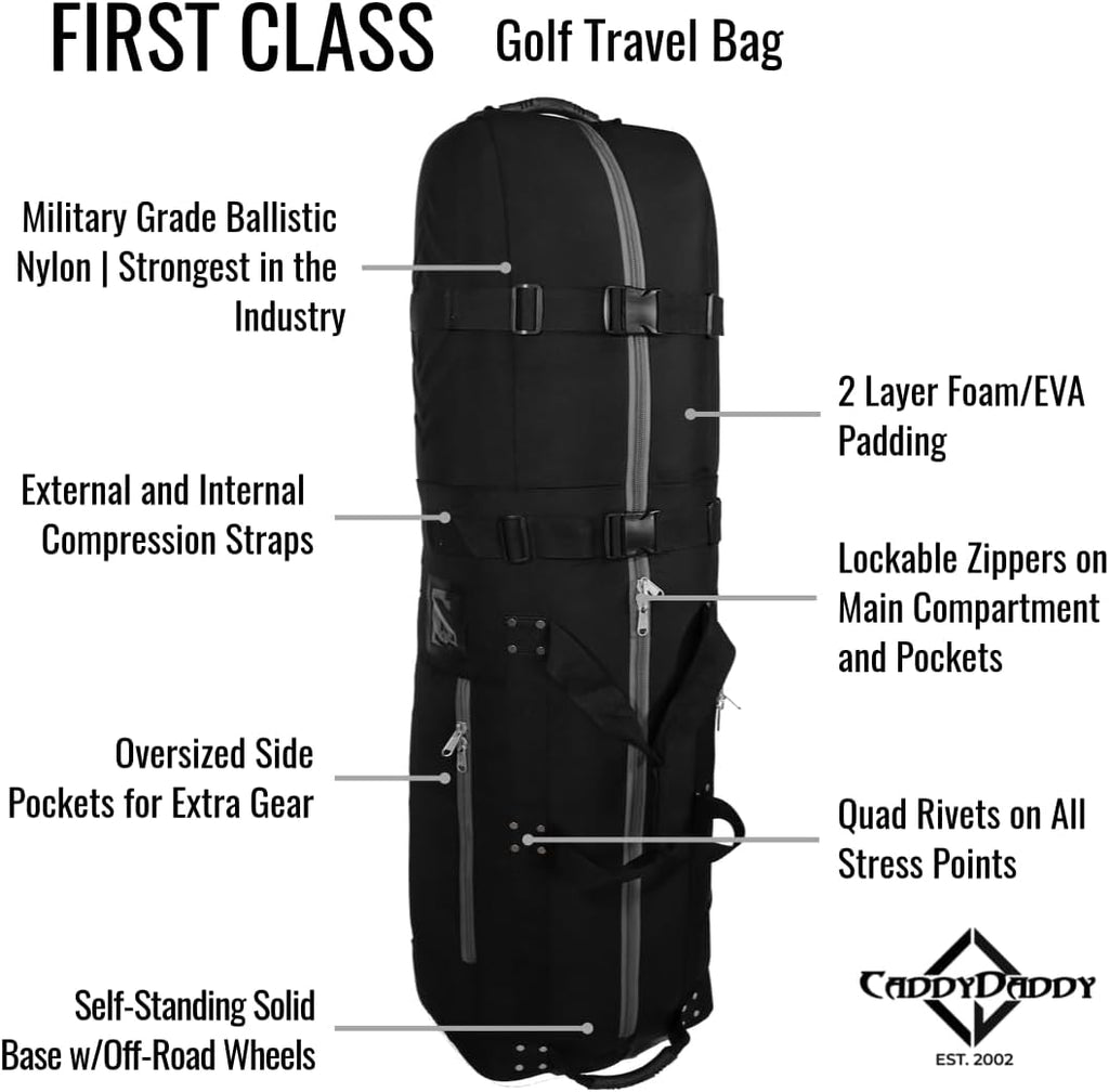 CaddyDaddy First Class Military Grade Ballistic Nylon Travel Cover with EVA Dense Foam Top Padding 2 Year Full Replacement Coverage Self Standing Base XL Wheels Case for Transporting Clubs on Airlines