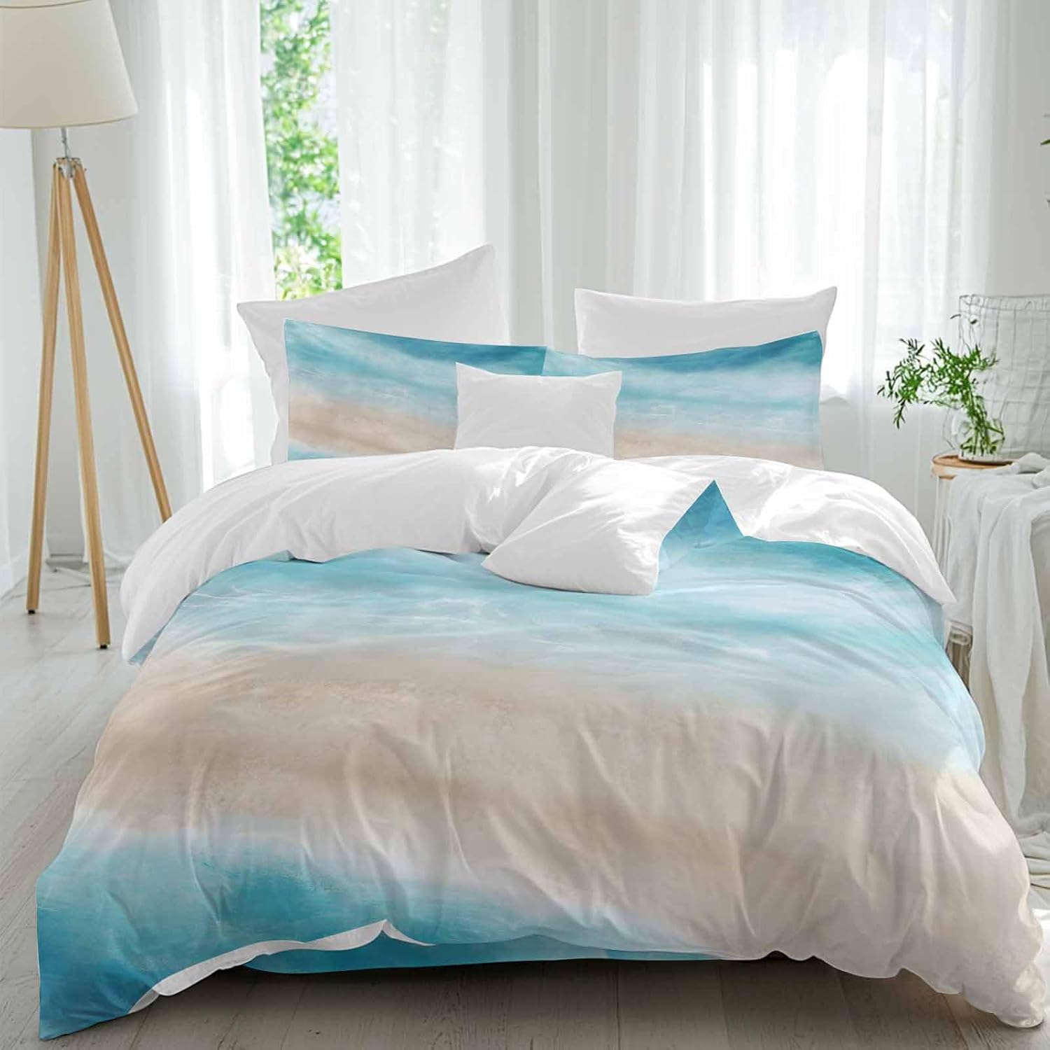 Summer Beach Duvet Cover Set Queen Size 4 Pieces Blue Gradient Ocean Wave Beige Sand Abstract Bedding Set with Zipper Closure, 1 Comforter Cover 90x92 Inches 1 Flat Sheet & 2 Pillow Cases