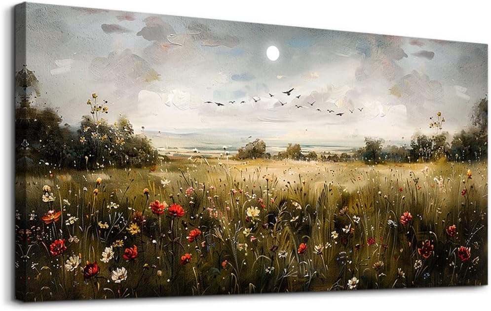 Wapluam Large Canvas Wall Art Living Room Wall Decor for Bedroom Wildflower Field Vintage Wall Art Canvas Prints Paintings Farmhouse Artworks Pictures Modern Aesthetic Home Decoration Ready To Hang