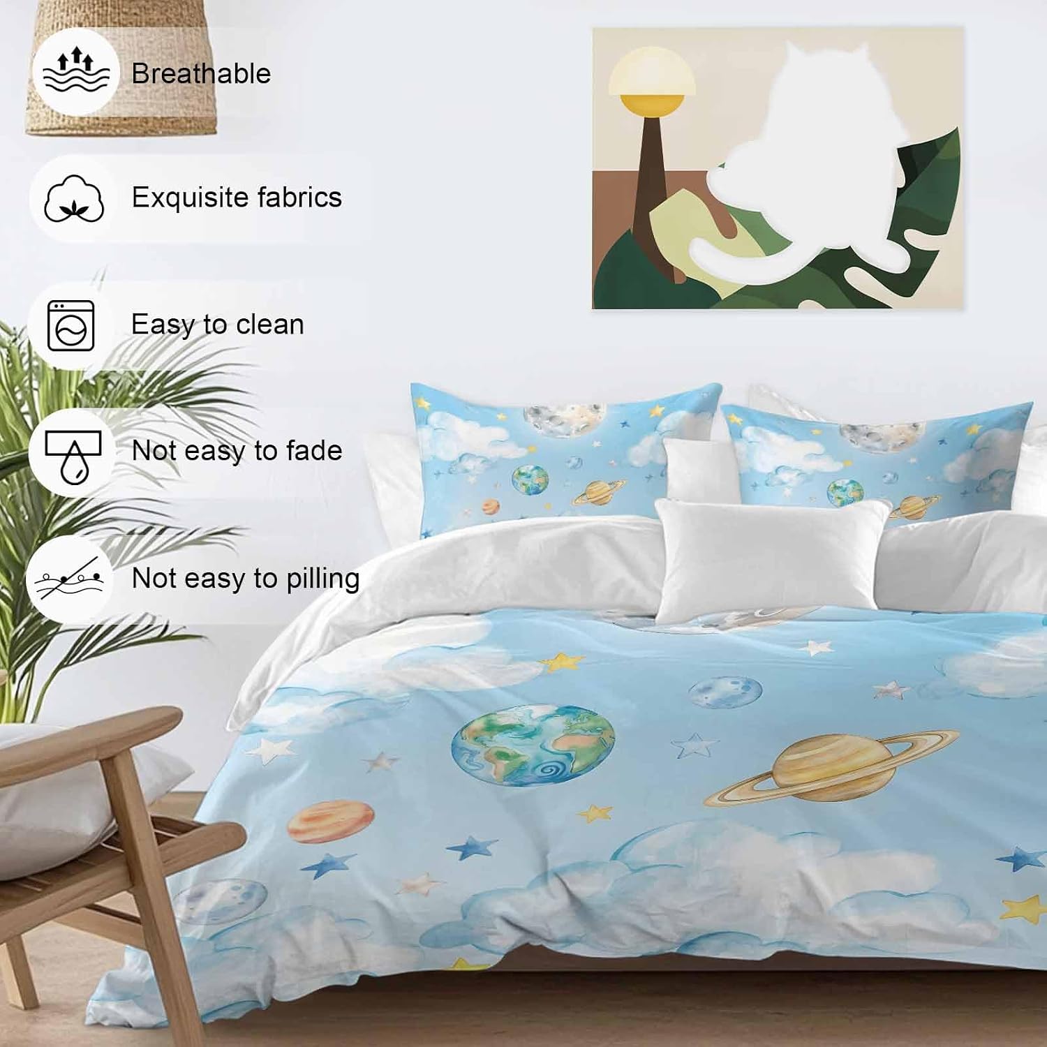 Prime Leader Planets Blue Sky Duvet Cover Set Queen Size 4 Pieces Earth Moon Yellow Star Clouds Dreamy Bedding Set with Zipper Closure, 1 Comforter Cover 90x92 Inches 1 Flat Sheet & 2 Pillow Cases