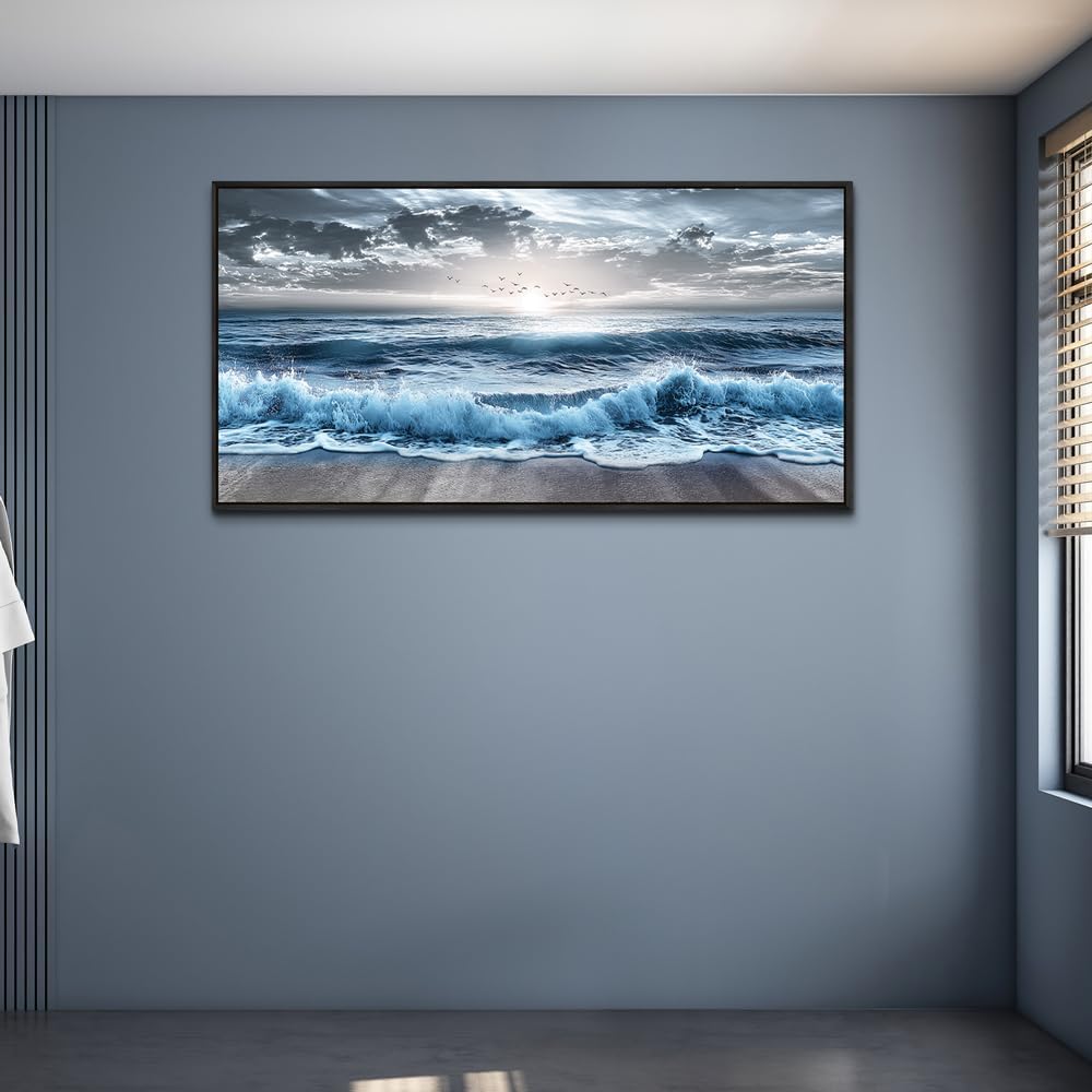 ERQINHUA Large Wall Decor For Bedroom Wall Art For Living Room Office Decor Blue Beach Sea Wave Paintings Sunrise Ocean Seascape Wall Pictures Canvas Artwork Modern Home Decor Black Frame 30x60 In