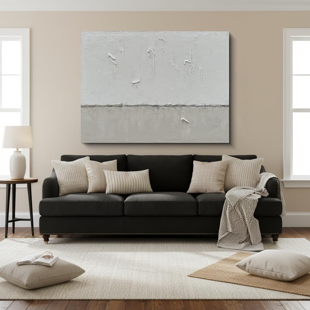 NANKAI Large Abstract Painting Hand Painted Grey White Minimalist Painting on Canvas Modern Abstract Canvas Wall Art Large White Acrylic Abstract Painting Wall Art 30x45 inch
