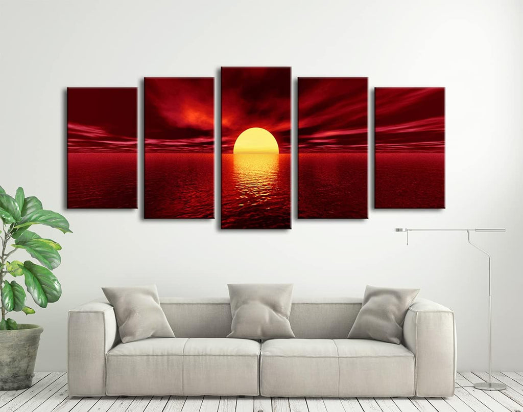 Wieco Art Red Sun Large Modern 5 Panels Seascape Sea Giclee Paintings Canvas Prints Wall Art Gallery Wrapped Pretty Ocean Sunset Pictures Artwork for Kitchen Bathroom Home Office Decoration