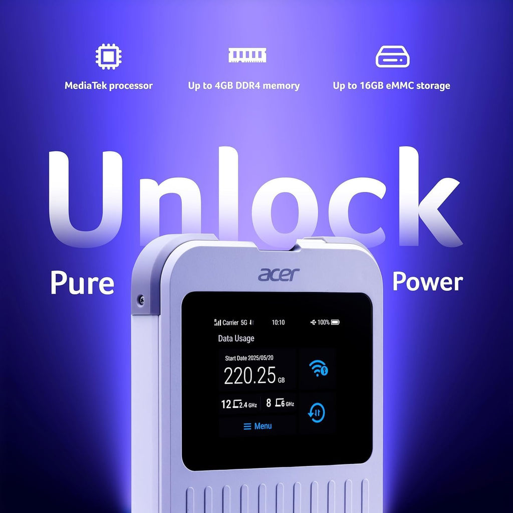 Acer Connect M6E 5G Mobile Wi-Fi | Wi-Fi 6E Hotspot 20 Devices | 2.4″ Touchscreen | 135+ Country Coverage | 8000 mAh Battery | IP68 Rugged | Enterprise-Grade Security | NFC Touch-to-Connect | Tri-SIM