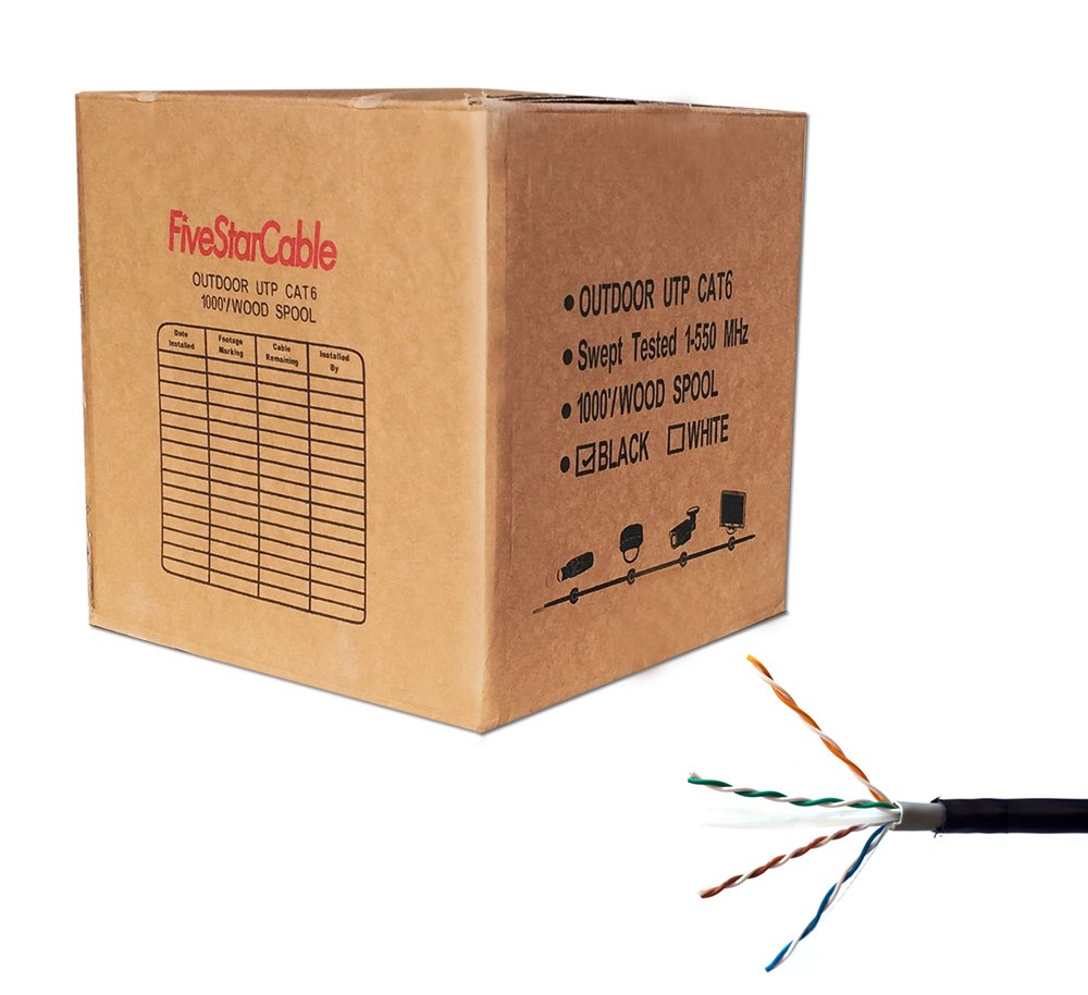 Five Star Cable Cat6 Outdoor 1000 Ft. 23AWG Double Jackets Direct Burial Underground Weather Waterproof UTP Ethernet Router Bulk Cable - Black