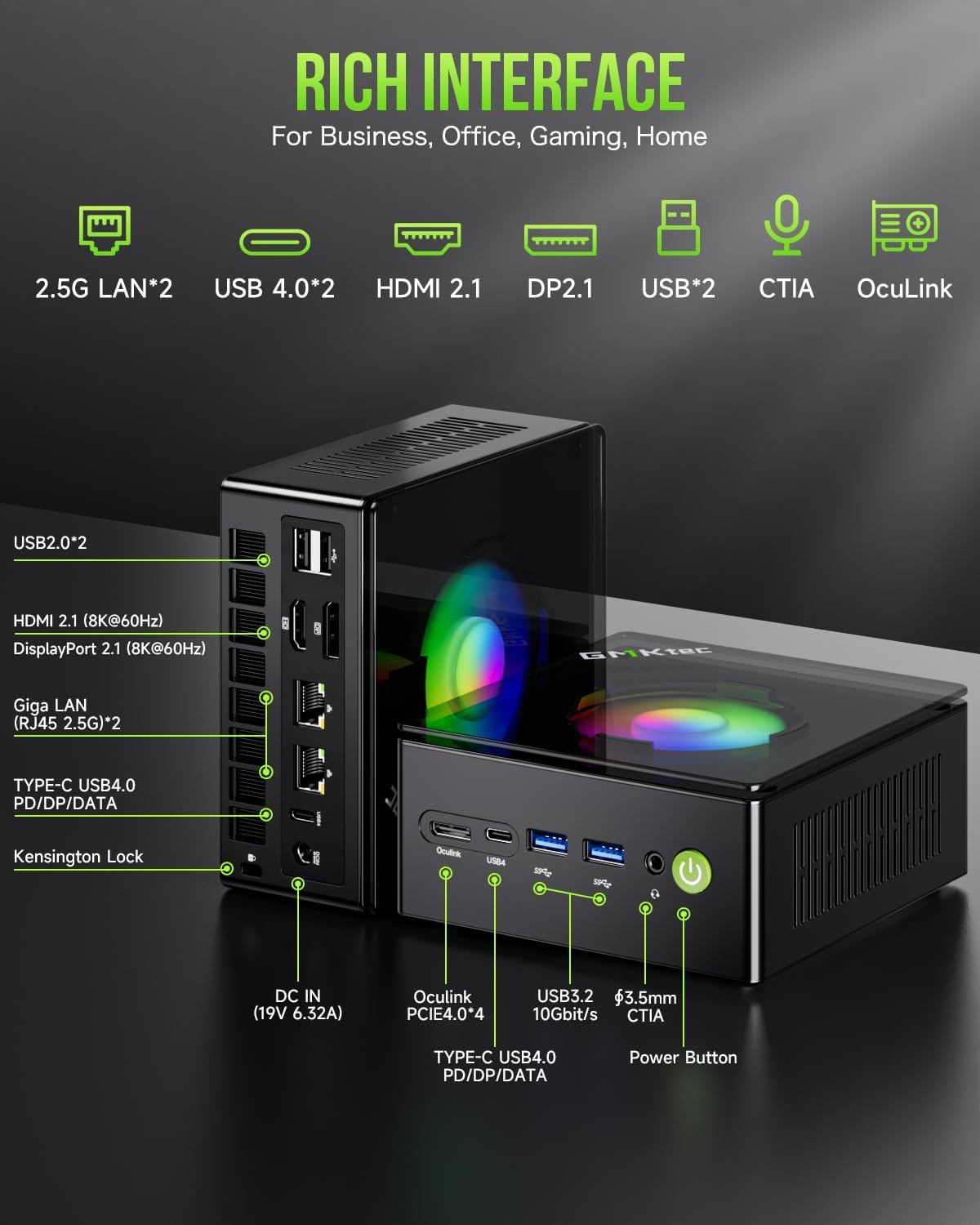 GMKtec K11 Mini Gaming PC AMD Ryzen 9 8945HS(8C/16T, Up to 5.2GHz) 32GB DDR5 512GB Mini Computer, Dual NIC 2.5GbE LAN, Quad Display 8K/USB4*2/Oculink/DP/HDMI