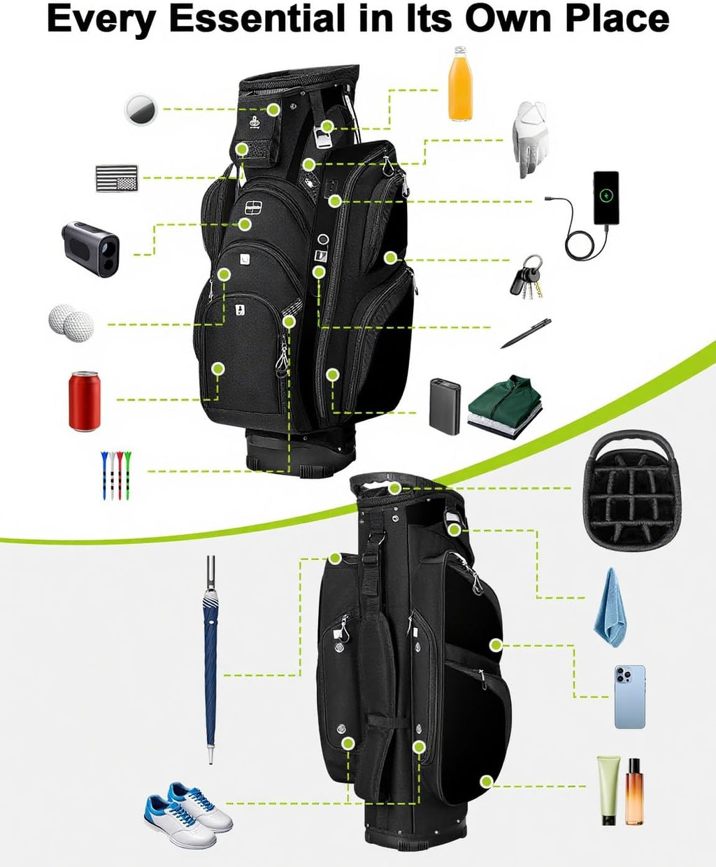 Vancropak Golf Cart Bag, Golf Gifts for Men with 15 Way Divider Top, USB Charging Port, Waterproof Protective Rain Cover, Shoe Compartment, Cooler Pocket, Tracker Slot, Umbrella Holder, Golfer Gifts
