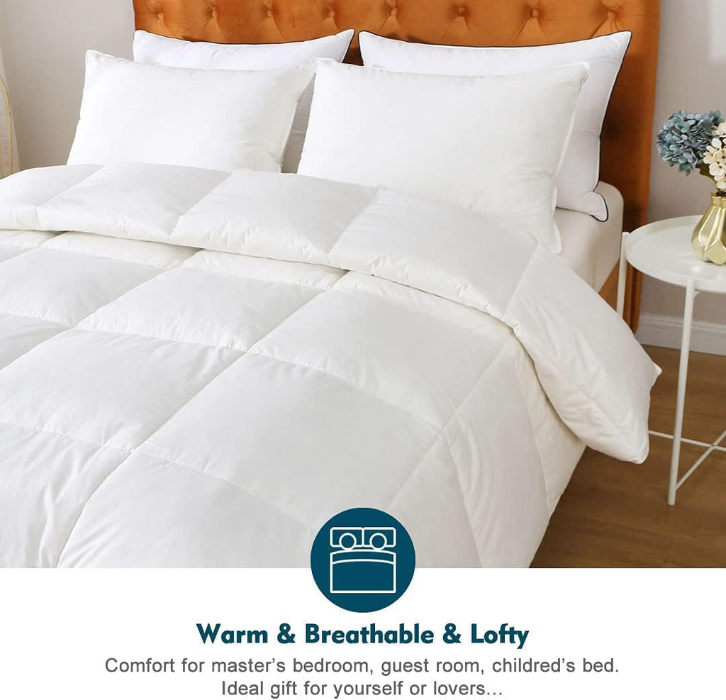 Feathers Down Comforter Oversized King - 100% Organic Cotton Quilted Medium Warm All Seasons Duvet Insert or Stand-Alone Comforter (120x98, Ivory White)