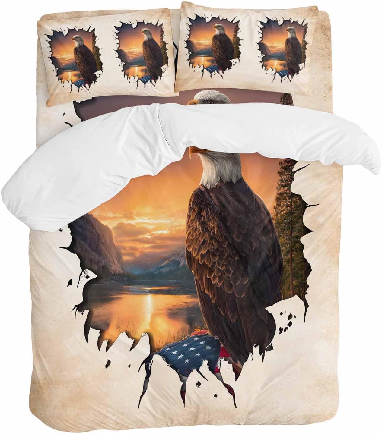 Independence Day Duvet Cover Set Queen Size 4 Pieces Eagle Retro American Flag Sunset Country Bedding Set with Zipper Closure, 1 Comforter Cover 90x92 Inches 1 Flat Sheet & 2 Pillow Cases