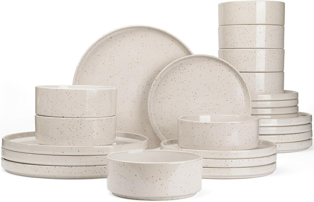 Famiware Nebula Plates and Bowls Set, 24 Pieces Dinnerware Sets, Dishes Set for 8, Creamy White with Colorful Speckles