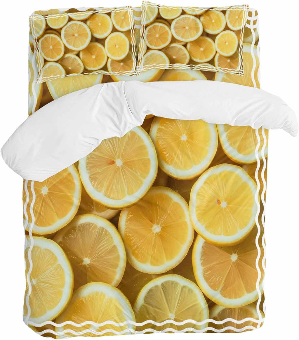 Yellow Lemon Duvet Cover Set Queen Size 4 Pieces Retro Country Watercolor Fruit Farmhouse Stripes Bedding Set with Zipper Closure, 1 Comforter Cover 90x92 Inches 1 Flat Sheet & 2 Pillow Cases