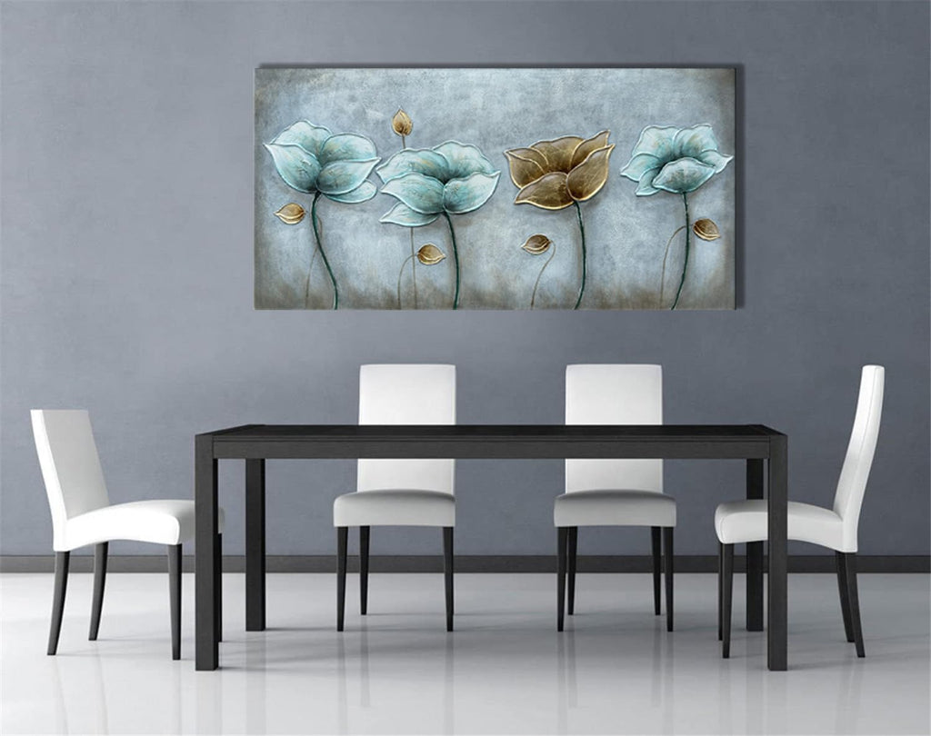 Alenoss 3D Large Oil Paintings on Canvas Wall Art 60x30 Inches Hand Painting Metal Luster Lotus Artwork Abstract Paintings Floral Wall Decor Texture Wall Art for Home Decorations