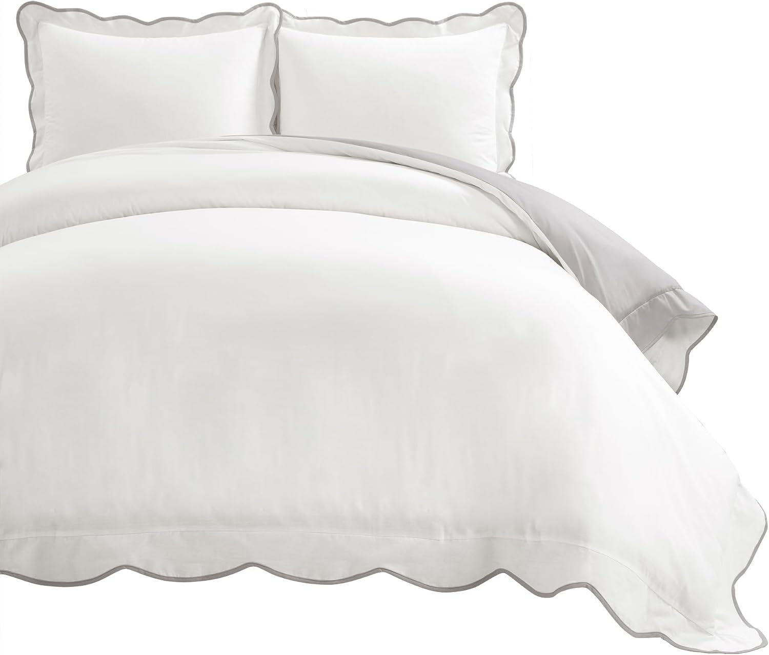 Lush Decor Coastal Chic Scalloped Edge Cotton Duvet Cover Set, 3 Piece Set, Full/Queen, Gray & White - Queen Bedding Set - White Duvet Cover Queen - Coastal Decor