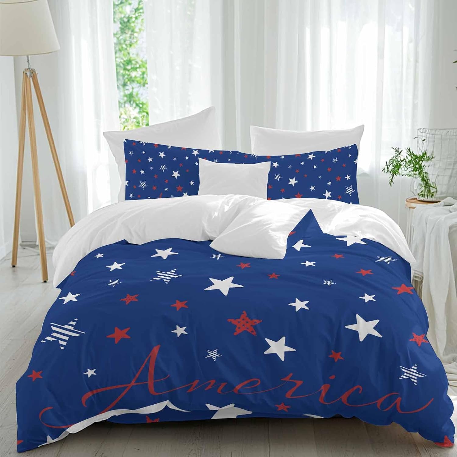 Independence Day Duvet Cover Set Queen Size 4 Pieces Blue White Pentagram America Blue Background Bedding Set with Zipper Closure, 1 Comforter Cover 90x92 Inches 1 Flat Sheet & 2 Pillow Cases