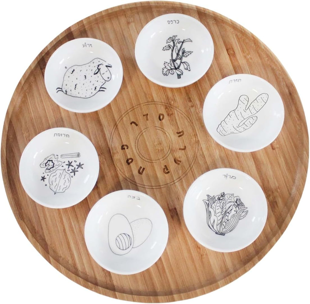 13' Large Size Handmade Passover Seder Plate with Six Black and White Ceramic Bowls, Passover Seder Plate Set, Hand Painted Illustrations, Decor Jewish Gift, Made in Israel by Mickala Design