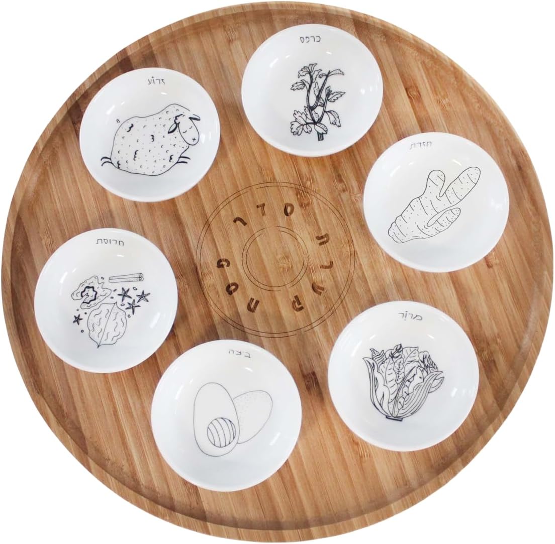 13' Large Size Handmade Passover Seder Plate with Six Black and White Ceramic Bowls, Passover Seder Plate Set, Hand Painted Illustrations, Decor Jewish Gift, Made in Israel by Mickala Design
