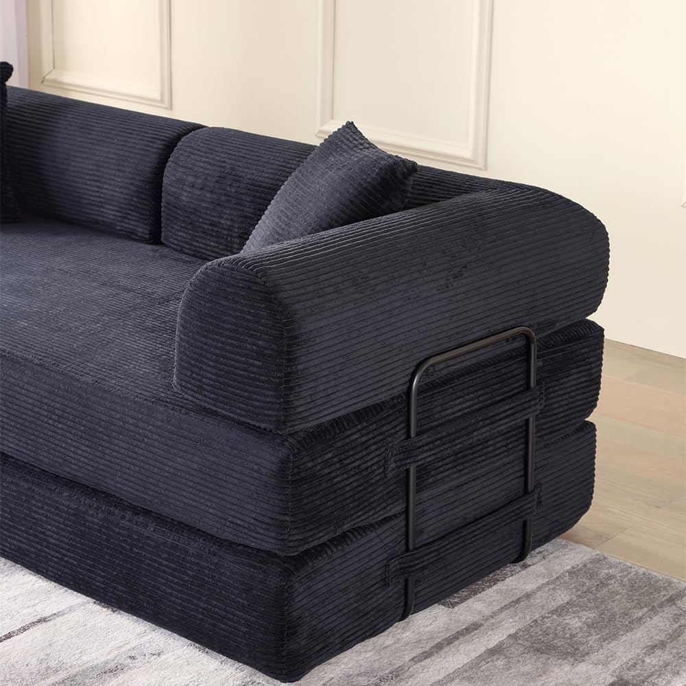 WILLIAMSPACE 77.9' Modern Loveseat Sofa Fold-Out Sofa Bed, Convertible Chair Floor Couch with Removable Backrest, Comfy Sofa Folding Mattress Couch Bed for Living Room, Bedroom, Corduroy, Black