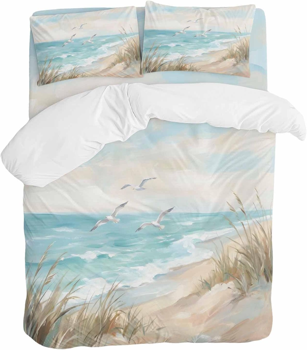 Coastal Seagulls Duvet Cover Set Queen Size 4 Pieces Beach Ocean Sky Oil Paintings Style Summer Bedding Set with Zipper Closure, 1 Comforter Cover 92x106 Inches 1 Flat Sheet & 2 Pillow Cases