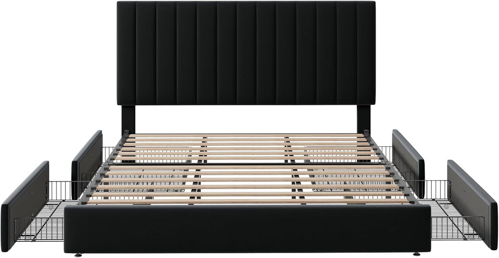 Allewie King Size Storage Bed Frame, Vertical Channel Tufted Adjustable Headboard, Velvet Upholstered Platform Bed with 4 Oversized Underbed Drawers, Wooden Slats Support, No Box Spring Needed, Black