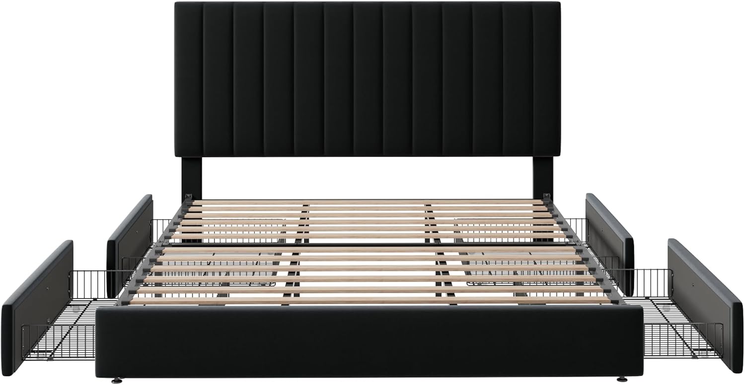 Allewie King Size Storage Bed Frame, Vertical Channel Tufted Adjustable Headboard, Velvet Upholstered Platform Bed with 4 Oversized Underbed Drawers, Wooden Slats Support, No Box Spring Needed, Black