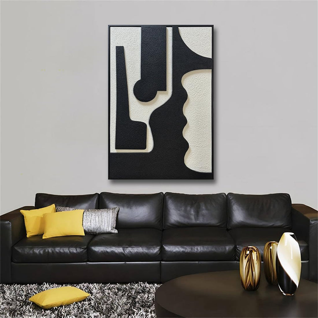zoinart Black and White Textured Plaster Wall Art, 24x36 Black White Framed Artwork Wall for Home Decor, Minimalist Modern Monochrome Relief Art