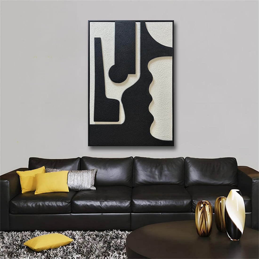 zoinart Black and White Textured Plaster Wall Art, 24x36 Black White Framed Artwork Wall for Home Decor, Minimalist Modern Monochrome Relief Art