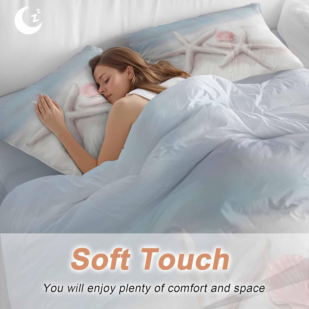 Prime Leader Starfish Shell Duvet Cover Set Queen Size 4 Pieces Summer Ocean Beach Coastal Bedding Set with Zipper Closure, 1 Comforter Cover 92x106 Inches 1 Flat Sheet & 2 Pillow Cases