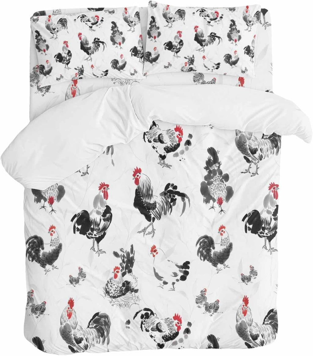 Prime Leader Rooster Hen Duvet Cover Set Queen Size 4 Pieces Watercolor Farm Animal Rustic Black Country Bedding Set with Zipper Closure, 1 Comforter Cover 86x86 Inches 1 Flat Sheet & 2 Pillow Cases