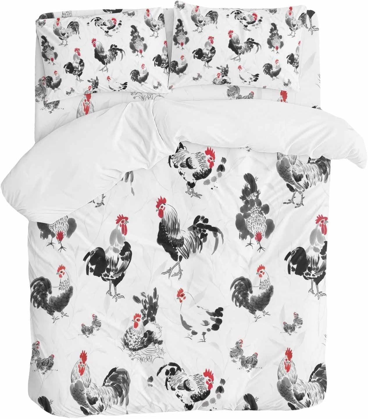 Prime Leader Rooster Hen Duvet Cover Set Queen Size 4 Pieces Watercolor Farm Animal Rustic Black Country Bedding Set with Zipper Closure, 1 Comforter Cover 86x86 Inches 1 Flat Sheet & 2 Pillow Cases