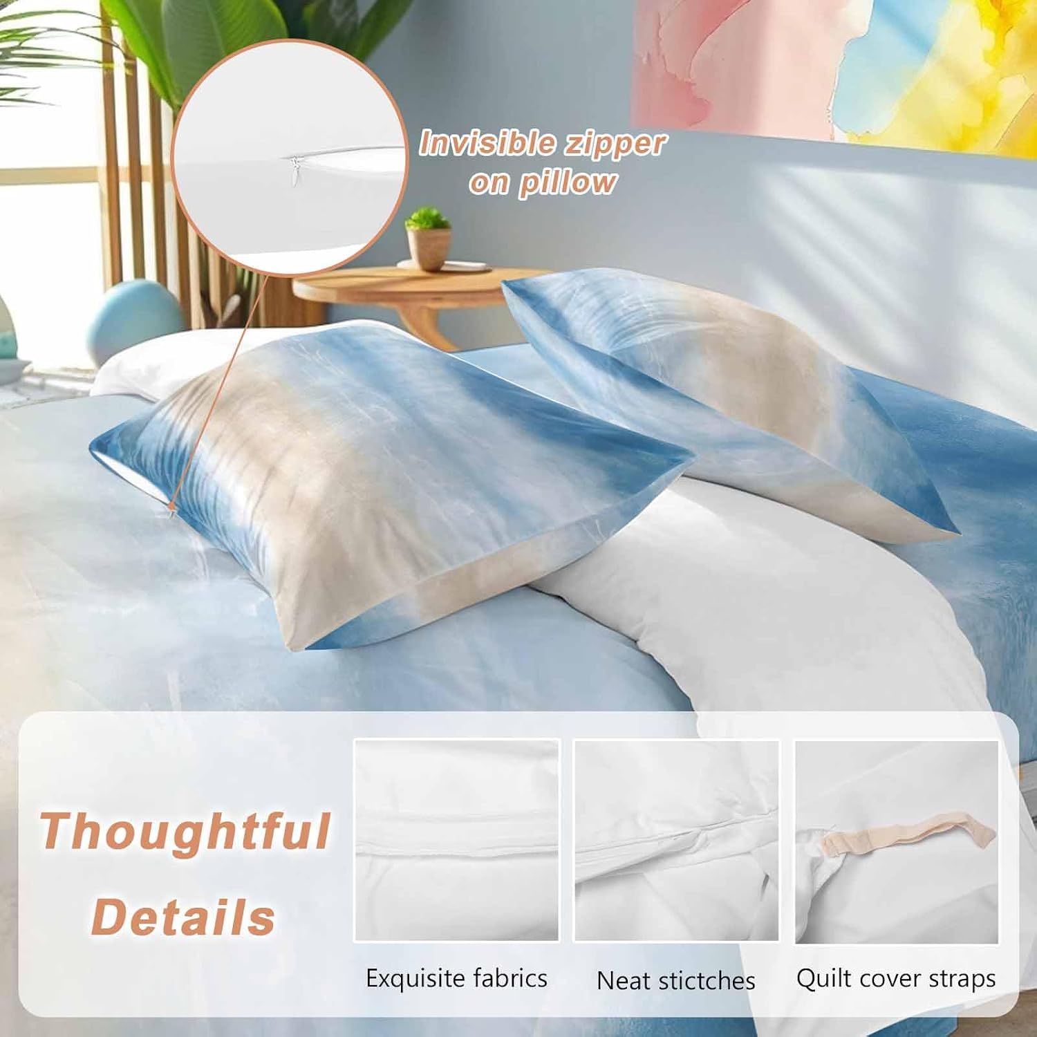 Summer Beach Duvet Cover Set Queen Size 4 Pieces Dark Blue Gradient Ocean Wave Beige Sand Abstract Bedding Set with Zipper Closure, 1 Comforter Cover 90x92 Inches 1 Flat Sheet & 2 Pillow Cases