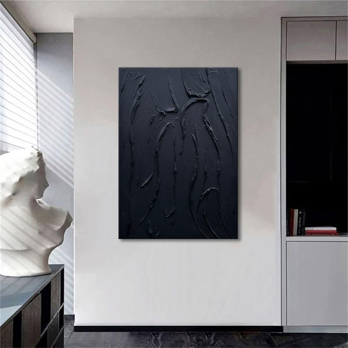 zoinart Hand Painted Large Thick Texture Black Minimalist Oil Paintings Contemporary Art Oil on Canvas Vertical Wall Art Home Office Corridor Wall Art