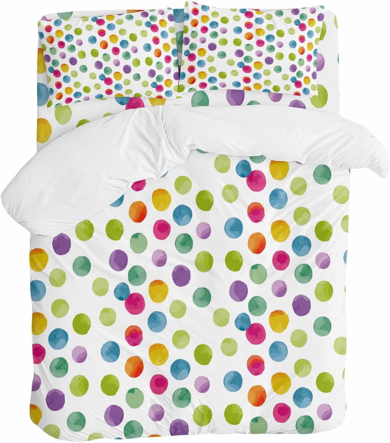 Colorful Wavepoints Duvet Cover Set Queen Size 4 Pieces Modern Abstract Watercolor Yellow Pink Green Points Bedding Set with Zipper Closure,1 Comforter Cover 90x92 Inches 1 Flat Sheet & 2 Pillow Cases