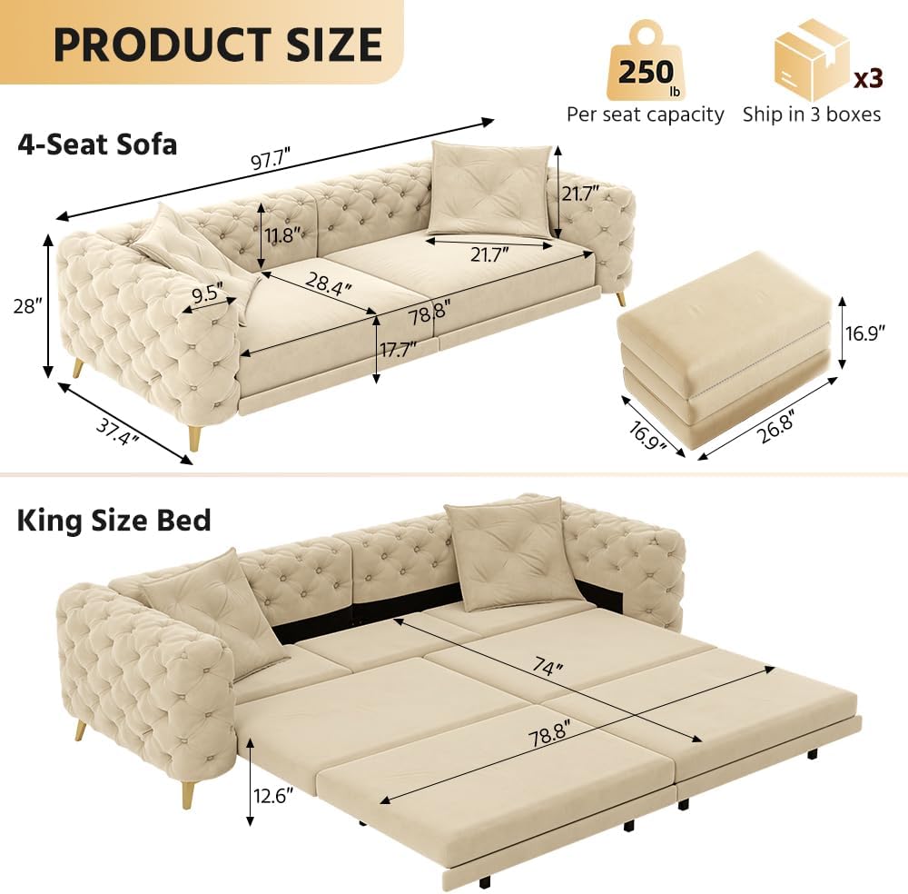 WILLIAMSPACE 97.7' 3-in-1 Convertible Sleeper Sofa Bed, Modern Button Tufted 28.4' Deep Seat Pull Out Couch Bed with Movable Ottoman, Multi-Functional 4-Seater Couch for Living Room, Velvet - Apricot