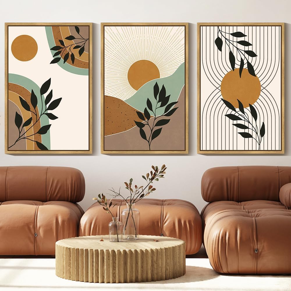 PHOPAGO Boho Wall Art Sage Plant Botanical Framed Wall Printing Large 24x36in Minimalist Bohemain Abstract Canvas Prints with Leaf & Sun Lines - Natural Framed