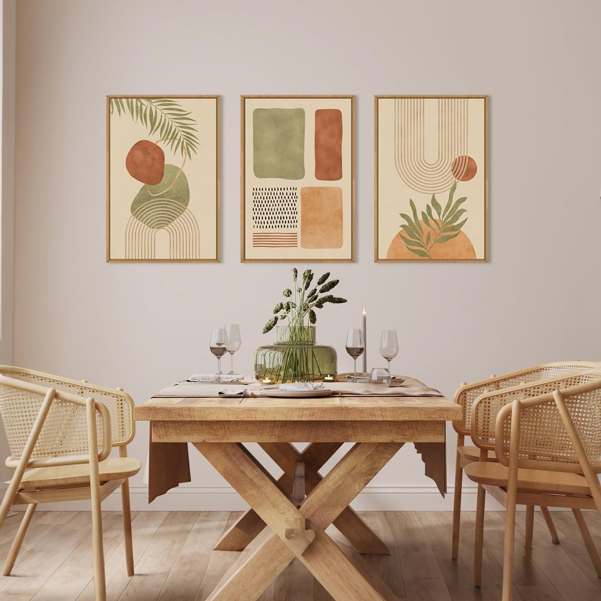 Large Boho Sage Green Framed Canvas Wall Art,Abstract Geometric Beige Wall Decor,Mid Century Modern Art Prints,Neutral Botanical Leaf Artwork for Living Room,Bedroom,Office -24'x36'x3