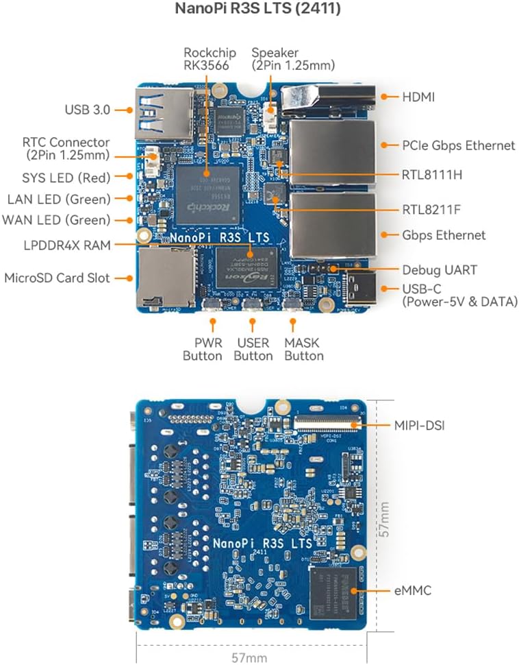 NanoPi R3S LTS Dual-Gbps Ethernet Ports Router Rockchip RK3566 Quad-Core A55 SoC Mini PC Board Support OpenMediaVault, OpenWrt (2GB Ram 64GB TF Card)