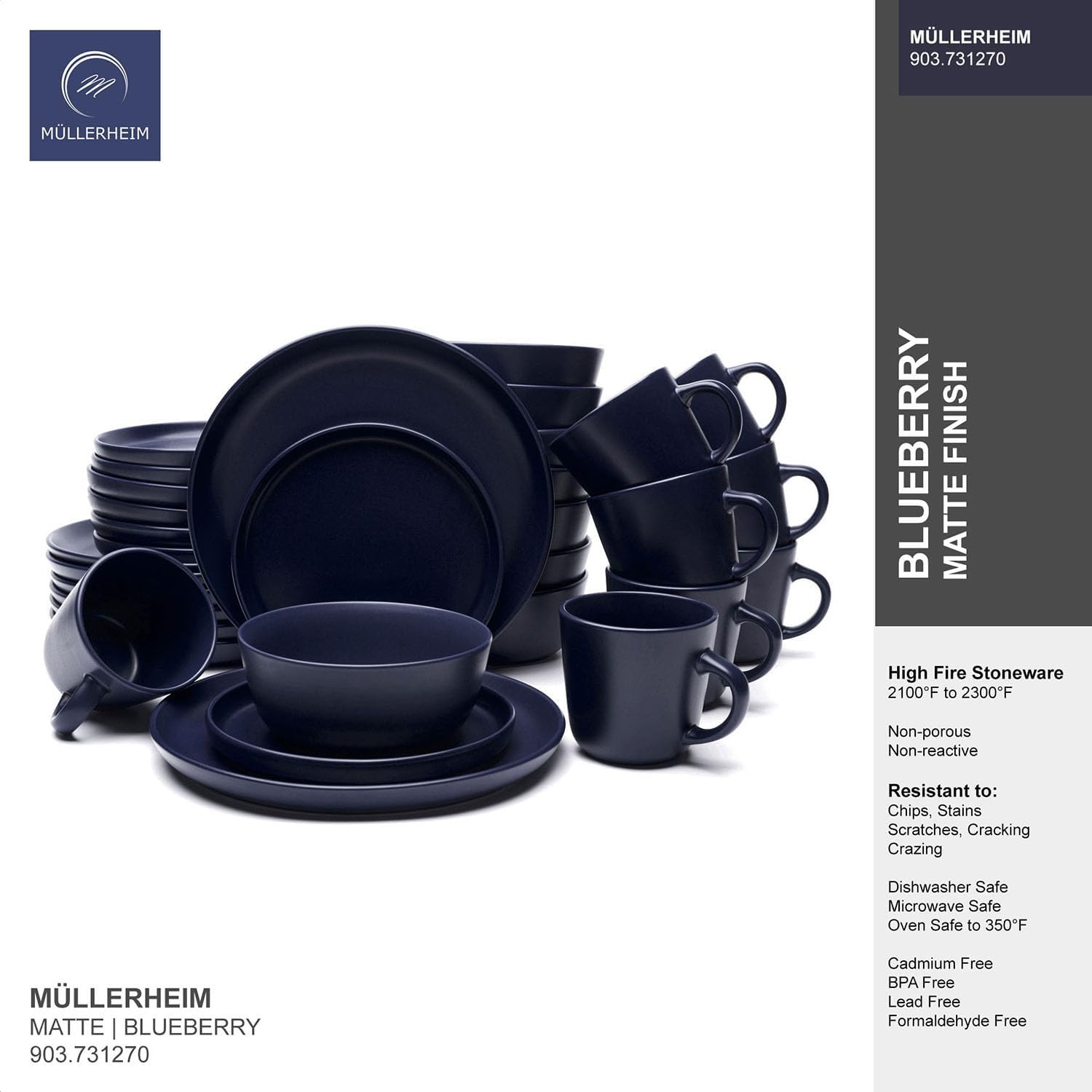 MÜLLERHEIM 903 Minimalist Collection 32-Piece Contemporary Ceramic Stoneware Dinnerware Sets for 8, Blueberry Plates and Bowls sets, Dinner Plates Set, Salad Dish Set, Bowls, Cup